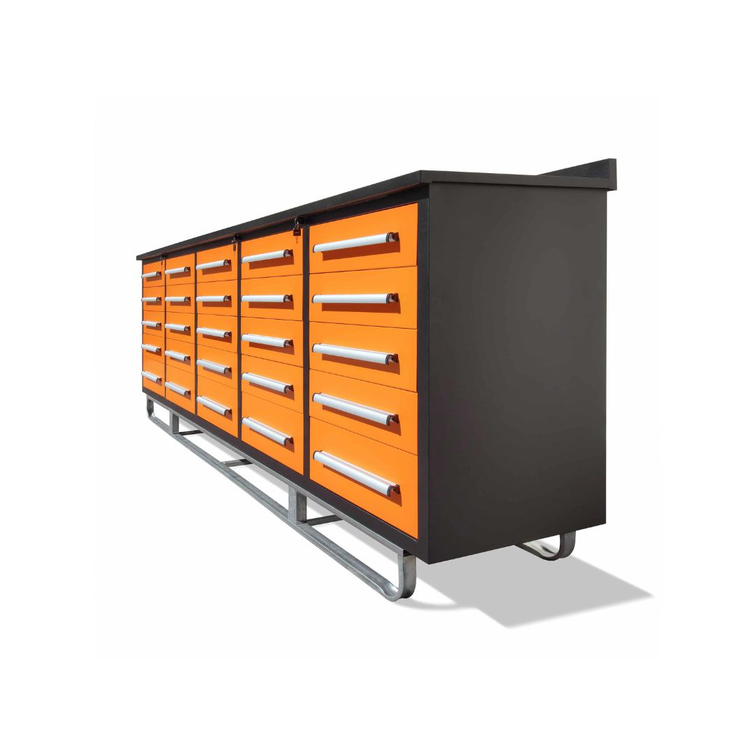 M&B | 10&rsquo; Workbench Cabinet with 25 Drawers - Container Services Pty Ltd